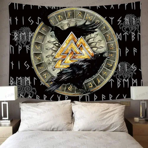Miniatura 3 de F-FUN SOUL Tapiz nórdico de cuervo vikingo, 40 x 30 pulgadas, misteriosas runas de meditación vikinga, arte nórdico, tapices colgantes de pared