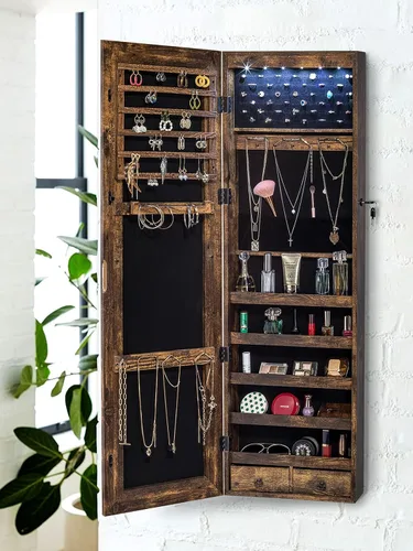 Miniatura 7 de YOKUKINA Armario de espejo de joyería, organizador de almacenamiento grande con luz LED, armario con cerradura para colgar en la puerta o montar
