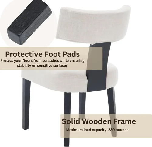 Miniatura 4 de Juego de 2 sillas de comedor de madera negra, sillas tapizadas de lino beige para cocina y comedor con respaldo medio, sillas laterales modernas