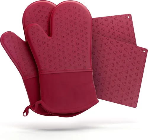 Cosy House Collection Juego de 4 guantes de horno y soporte para ollas, guantes de cocina resistentes al calor de 500 °F, silicona flexible, Rojo