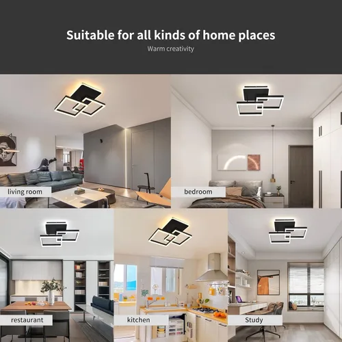 Miniatura 6 de Garwarm Lámpara de Techo LED Moderna, Regulable de 3 Cabezales Cuadrados Accesorio de Lámpara de Techo con Control Remoto, Candelabro de Techo Negro