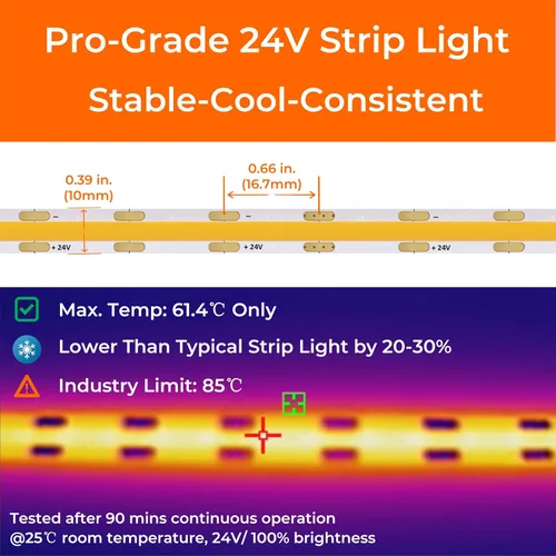 Miniatura 7 de Tiras de luces LED COB Candlelight de 2400 K, 5 W/FT, 16.4 pies, 24 V, cinta LED con respaldo VHB 3M, CRI 95, certificación UL, cortable, regulable