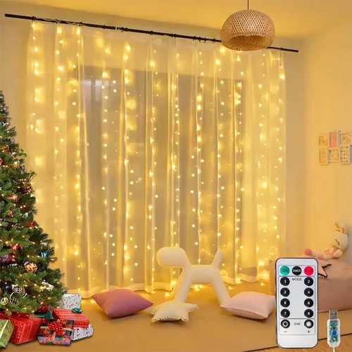 Honche - Tira de luces LED de 300 luces en forma de hadas para cortina, 10 x 10 pies, con control remoto, luces de ventana para dormitorio, boda,