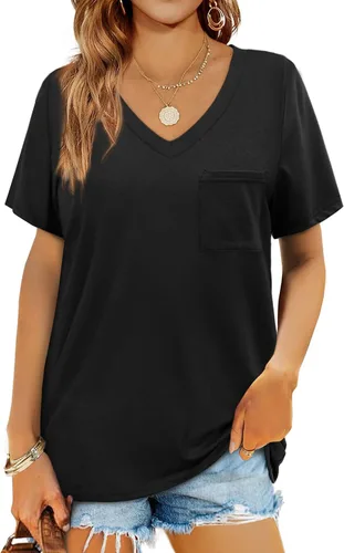 Miniatura 23 de Geifa Camisetas de manga corta con cuello en V para mujer, camisetas casuales de verano con bolsillo