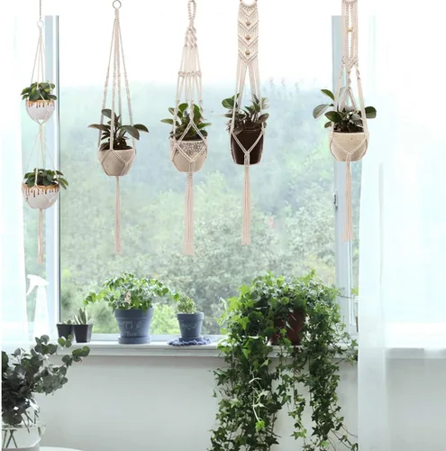 Miniatura 6 de Perchas de macramé para plantas hechas a mano, cuerda de algodón, soporte para macetas colgantes con temática bohemia para interiores y exteriores
