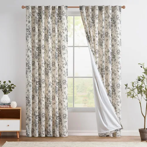 Miniatura 13 de Jinchan Cortinas de Mezcla de Lino con Estampado Floral para Sala de Estar, 84 Pulgadas de Largo, Cortinas con Bolsillo para Varilla y Tab Trasera