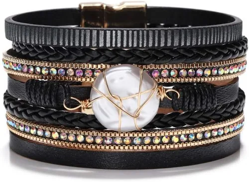 Miniatura 29 de Fesciory - Pulsera de leopardo para mujer, estilo bohemio de cuero multicapa con perlas de cristal