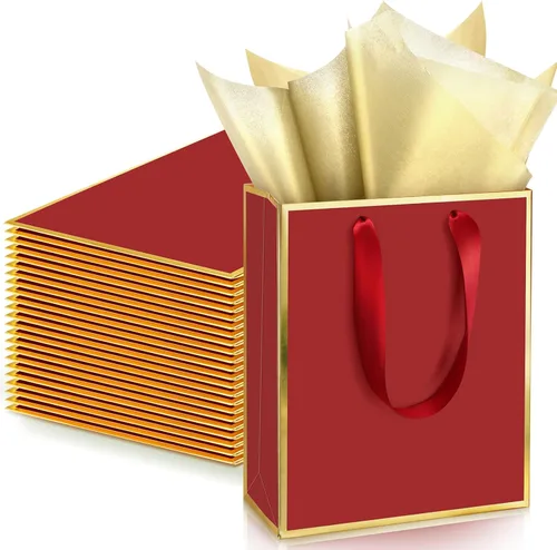 Miniatura 23 de Yeaqee Paquete de 24 bolsas de regalo de papel metálico con asa y papel de seda de 9 x 7 x 3.1 pulgadas, bolsas de favor de bienvenida con papel