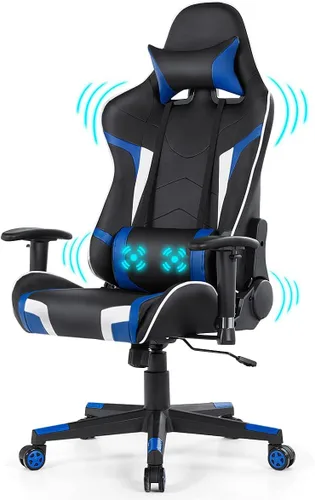 DORTALA Silla ergonómica para videojuegos, silla de carreras de respaldo alto con soporte lumbar de masaje, bolsillo para banco de energía Azul