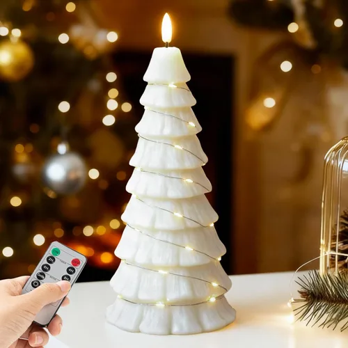 Miniatura 12 de Velas de árbol de Navidad sin llama con control remoto, vela LED de llama parpadeante de 3D operada por batería con cadena de luz estrellada, velas