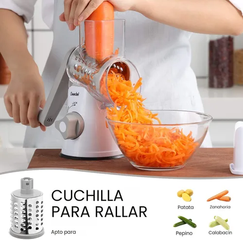 Miniatura 4 de Rallador de queso giratorio Geedel, rallador de mandolina de cocina para vegetales con 3 cuchillas intercambiables, rallador giratorio fácil