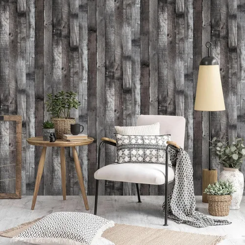 Miniatura 5 de Papel tapiz de madera vintage para despegar y pegar de 17.3"×80" gris/negro, papel de contacto de madera rústica, papel tapiz extraíble, papel