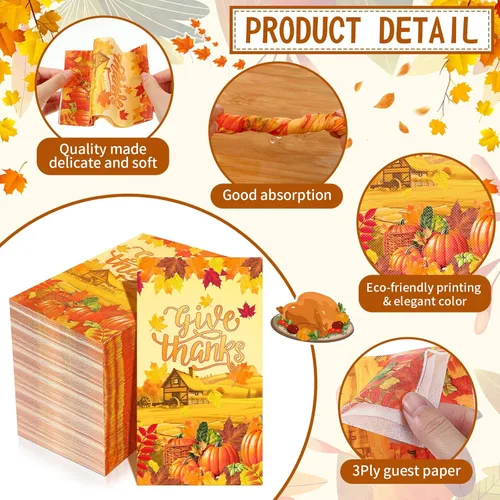 Miniatura 3 de Karenhi 150 servilletas de papel desechables de 3 capas de Acción de Gracias, servilletas de papel desechables de calabaza de otoño, toallas