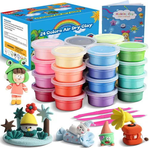 ifergoo Kit de arcilla para modelar para niños, arcilla mágica de secado al aire de 24 colores, ultra ligera, segura y no tóxica, gran regalo de