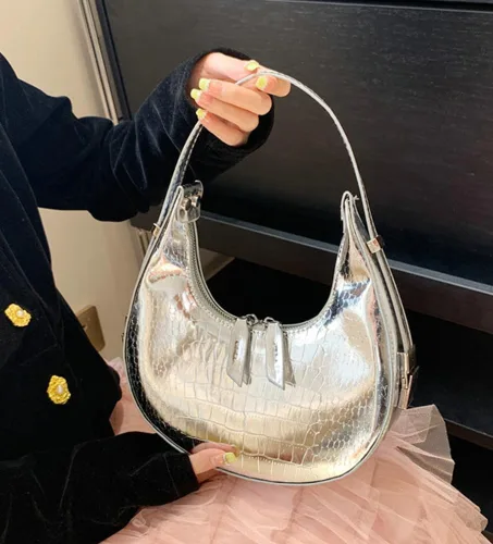 Miniatura 2 de Bolso Hobo para mujer, bolso de plata Y2k, brillante de noche, embrague brillante, para axilas, bolso de hombro de piel sintética