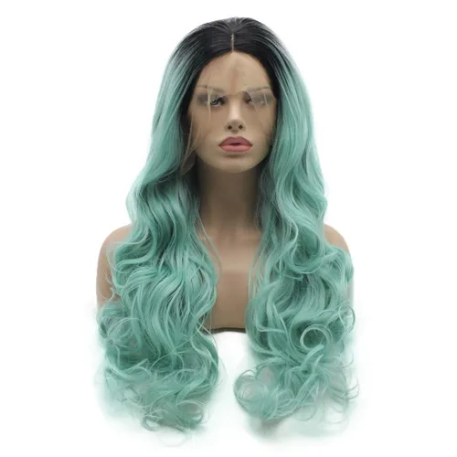 Lushy Peluca de cabello sintético con encaje frontal, ondulado, largo, 26 pulgadas, raíz oscura, color azul claro, ombré, peluca realista de alta