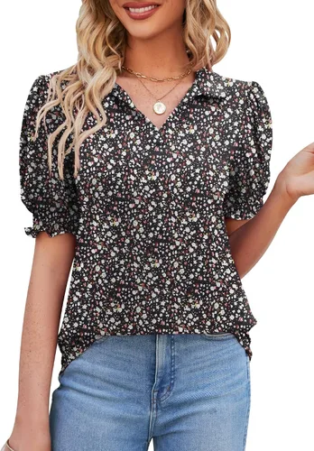 Micoson Camisetas tipo polo de manga corta para mujer, cuello en V, estilo casual, con cuello en V, manga abombada, blusas tipo túnica para el