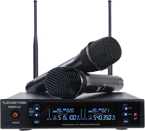 Miniatura 8 de Sound Town Sistema de micrófono inalámbrico UHF de metal de 200 canales con 1 micrófono de mano, 1 micrófono de solapa y escaneo automático