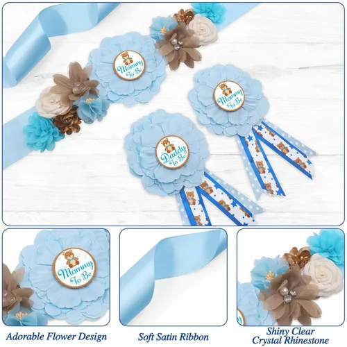 Miniatura 3 de Vansolinne Oso de peluche azul para maternidad, banda para mamá para ser y papá para ser ramillete, juego de alfileres para oso baby shower