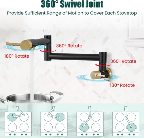 Miniatura 5 de Heyalan Pot Filler - Llenador de ollas de 19 pulgadas para montaje en pared, plegable, extensible, grifo de cocina/restaurante de acero inoxidable
