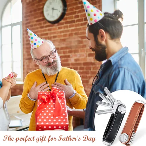 Miniatura 6 de 2 juegos de cuero organizador de llaves compacto plegable para llaves de bolsillo hasta 16 para hombres regalo del día del padre (negro, marrón)
