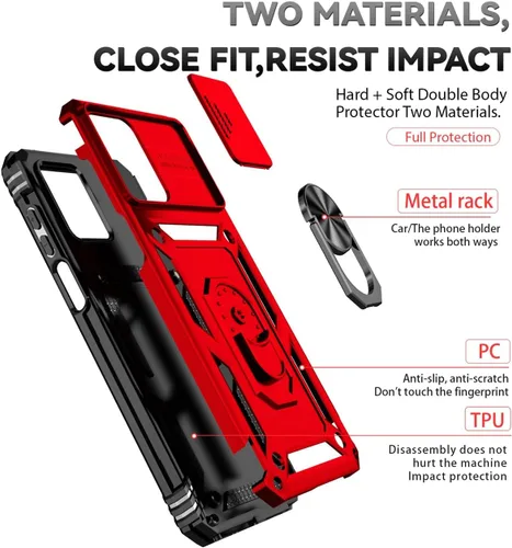 Miniatura 3 de Funda para Redmi Note 12 5G/Poco X5 con protector de pantalla de vidrio templado y cubierta de cámara deslizante, anillo magnético Soporte de Rojo