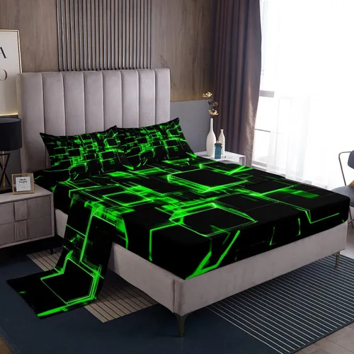 Miniatura 48 de Erosebridal Juego de sábanas de cama negro y rojo, juego de sábanas de tamaño individual abstracto moderno, sábanas a cuadros brillantes 3D, juego