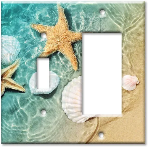 Miniatura 12 de Art Plates - Cubierta de placa de interruptor de luz de metal de 2 bandas - Placa de pared decorativa de dos bandas - Conchas de mar y peces