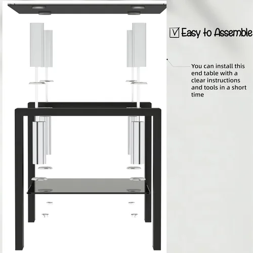 Miniatura 4 de Mesa auxiliar pequeña de cristal, mesa auxiliar blanca de 2 niveles con patas de metal, mesa auxiliar cuadrada, elegante y resistente para espacios