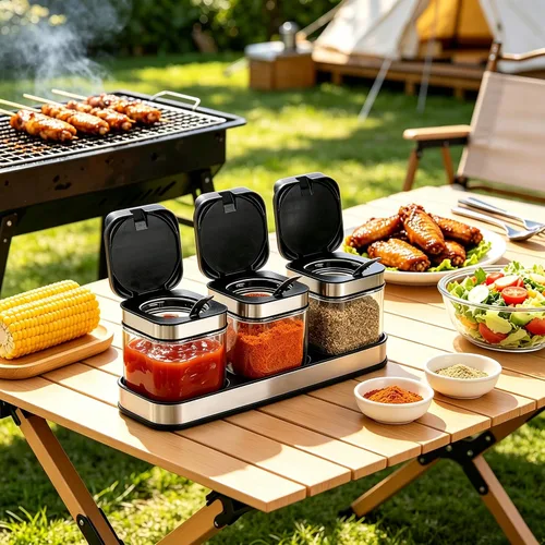Miniatura 9 de DEAYOU Paquete de 3 cajas de condimentos de vidrio con bandeja, recipiente transparente para condimentos con tapa de acero inoxidable 18/10