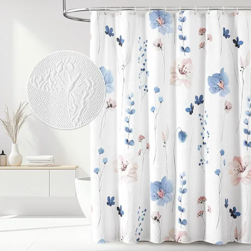 QiyI - Cortina floral texturizada en relieve 3D para baño y ducha, moderna y minimalista, de tela blanca impermeable con ganchos, 72 x 72 pulgadas,
