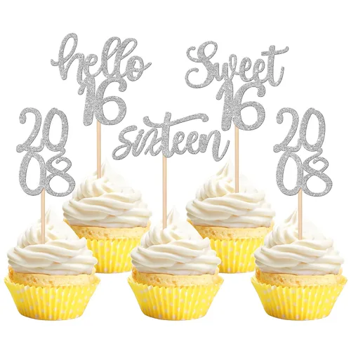 24 piezas de decoraciones para cupcakes de 16 cumpleaños con purpurina, ¡Hola 16! Dulces 16 desde 2008, púas para cupcakes de 16 años para celebrar