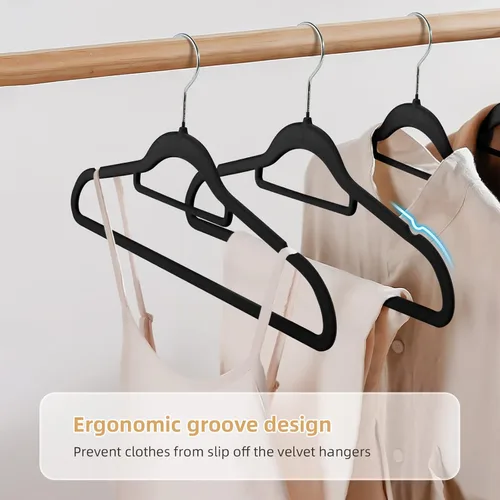 Miniatura 3 de Perchas negras antideslizantes de terciopelo – Perchas resistentes para trajes que ahorran espacio con gancho giratorio de 360° – Paquete de 20 Negro