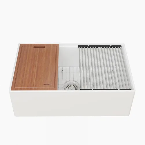 Miniatura 11 de Ruvati 23 x 18 pulgadas Fregadero de Cocina de Arcilla Refractaria, Modelo Farmhouse con Delantal Delantero, de Una Cubeta - Blanco - RVL2468WH