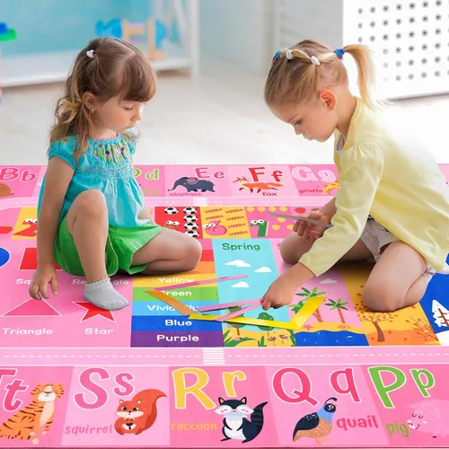 Miniatura 5 de Alfombra Rosa para Niños para Sala de Juegos y Aula, Alfombras de Juego con Alfabeto ABC y Números para Niños Pequeños, Tapete Educativo
