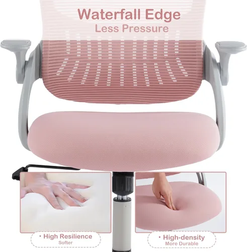 Miniatura 6 de Silla ergonómica de escritorio para oficina, silla de trabajo de malla cómoda para computadora con reposabrazos abatibles y soporte lumbar Rosa