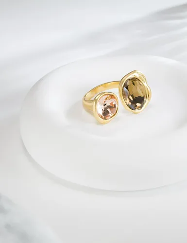 Miniatura 4 de Anillo de cóctel abierto con circonita cúbica, piedras preciosas de cristal chapado en oro antiguo, banda abierta ajustable, joyería vintage