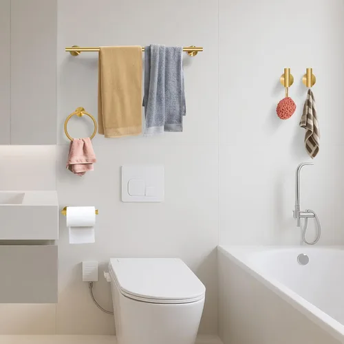 Miniatura 7 de Juego de 5 piezas de accesorios de baño de oro cepillado con toalleros para baño, juego de toallas de baño de acero inoxidable de 23.6 pulgadas, kit