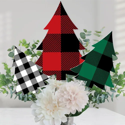 Big Dot of Happiness Holiday Plaid Trees - Palitos de centro de mesa de fiesta de Navidad a cuadros de búfalo - Juego de 15