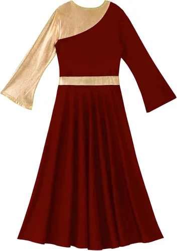 Miniatura 7 de easyforever Vestido de baile de alabanza con bloques de color dorado metálico para niña, ropa de baile lírica cristiana, vestido de túnica de baile