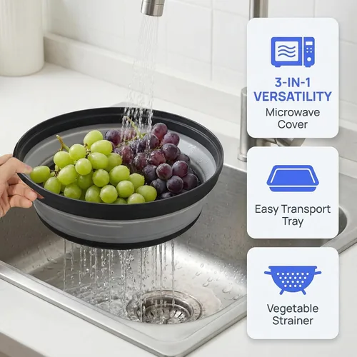 Miniatura 3 de Cubierta de alimentos para microondas con asa – Protector de salpicaduras de silicona plegable y ventilado con bandeja – Para microondas
