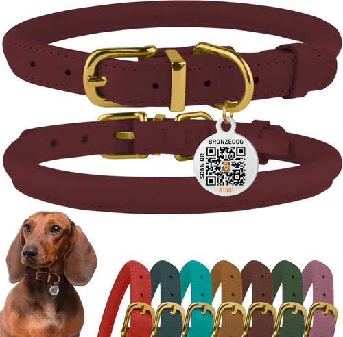 Miniatura 16 de Collar de cuero enrollado, redondo, suave y ajustable con placa de identificación por QR para perro pequeño, mediano y grande, cachorro y gato Rosa