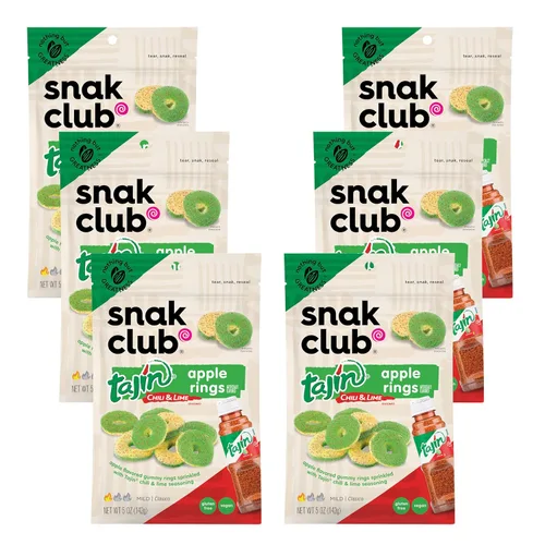 Snak Club Tajin Anillos de Manzana Gomitas de Caramelo, Gomitas de Fruta con Sabor a Chile y Lima, Snacks Leves, Sin Gluten y Veganos, 5 oz Bolsas