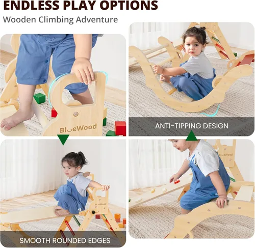 Miniatura 4 de BlueWood Conjunto de Triángulo Pikler, Juguetes de Escalada de Madera para Niños Pequeños para Interiores, Escalador Plegable 7 en 1 para Niños
