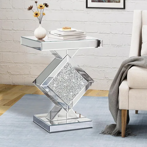 Miniatura 12 de Mesa auxiliar plateada con incrustaciones de cristal, mesa auxiliar moderna, mesa auxiliar cuadrada pequeña para sala de estar, dormitorio