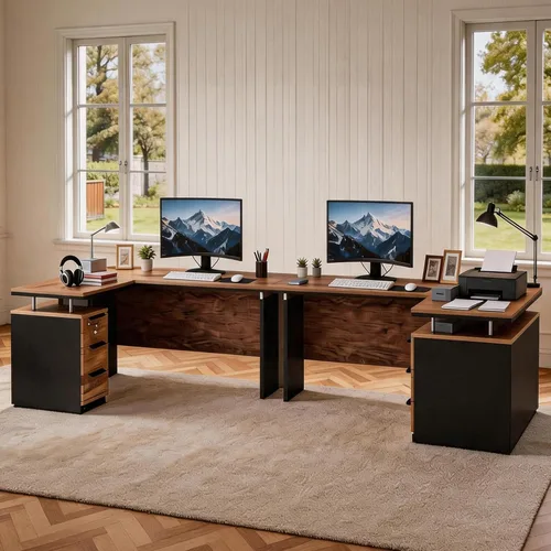 Miniatura 6 de Escritorio ejecutivo en forma de L de 63 pulgadas, escritorio industrial moderno de oficina de madera con cajones de bloqueo, gestión de cables