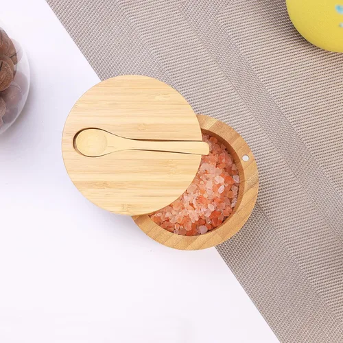 Miniatura 7 de HTB Salero de bambú con cuchara mini, caja de sal de cocina con tapa de cierre magnético giratoria, recipiente redondo de sal para guardar pimienta