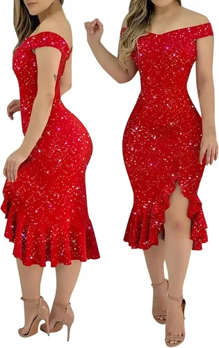 Miniatura 7 de Mini vestidos de verano para mujer, sexy, con hombros descubiertos, manga corta, con lentejuelas, volantes, irregulares, para cócteles