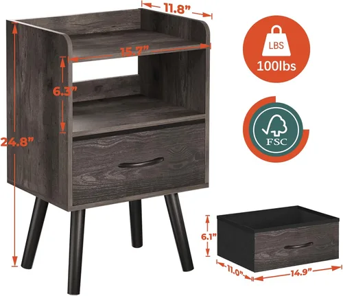 Miniatura 2 de Yoobure - Mesita de noche con cajón de tela, moderno soporte de noche, mesas de cabecera, mesitas de noche de mediados de siglo con estante