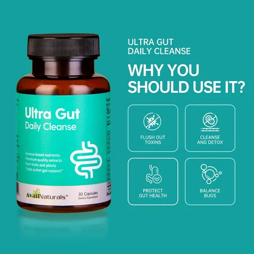 Miniatura 5 de AvailNaturals Ultra Gut - Limpieza diaria de 15 días, 30 cápsulas con 2.5 mil millones de probióticos UFC, fibra dietética, extracto de hoja de sena